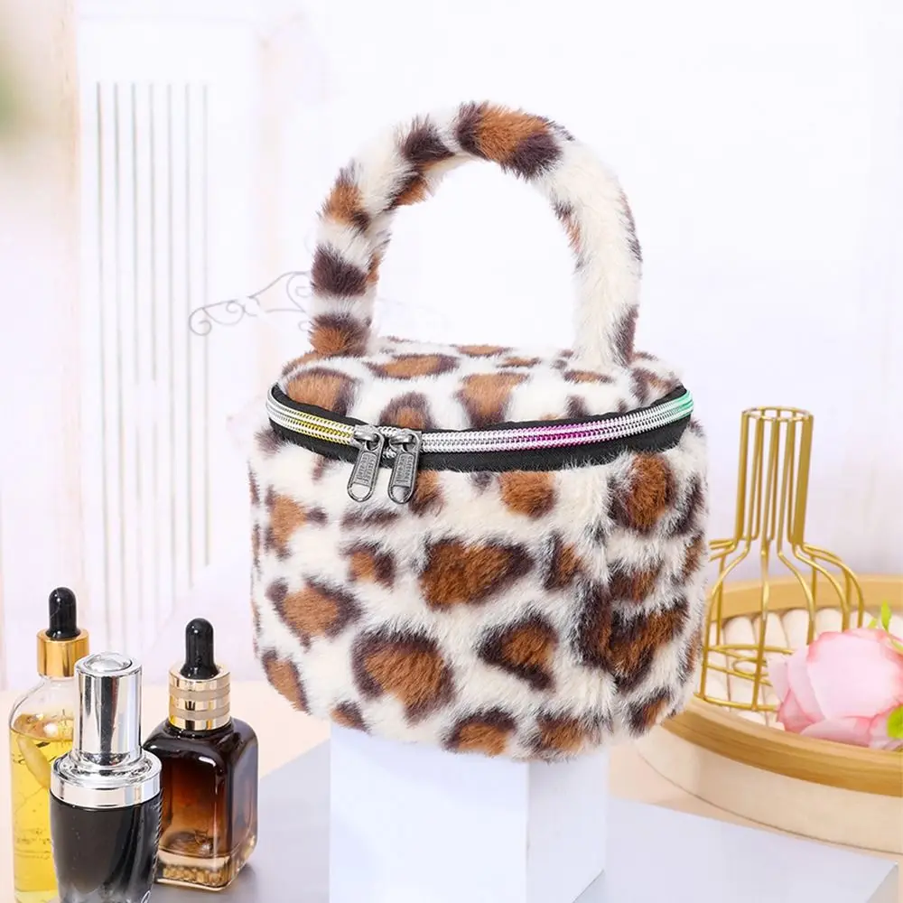 Bolsas de maquillaje de felpa con estampado de leopardo, bolsa de cosméticos suave de gran capacidad para mujer, organizador de almacenamiento de cosméticos con cremallera duradera para niñas