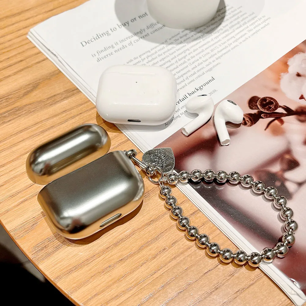 Luxury Plating Silver Cases With Heart Pendant Bracelet Chain For Airpods 4 Pro 2 Earphone Box Shockproof Bag For Airpod 3 Cover