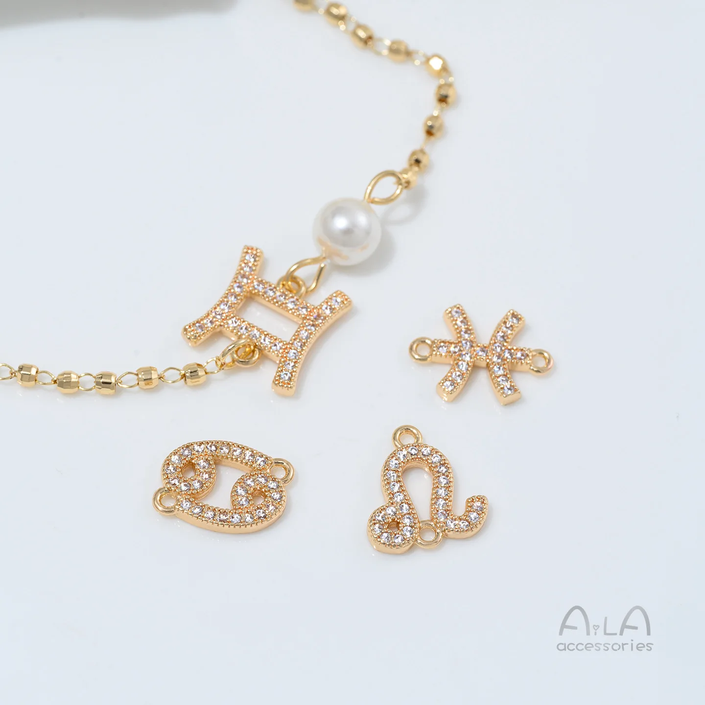 Copper Plated 14K Gold Filled Zircon Inlaid 12 Zodiac Double Hanging Charms, DIY Accessories for Crystal Bracelets & Necklaces