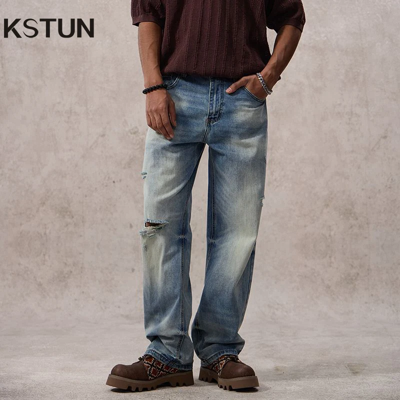 

KSTUN 2025 Spring Vintage Straight Loose Wide Leg Jeans Men Distressed Denim Pants Ripped Motocycle Jeans Hollow Out Punk Style