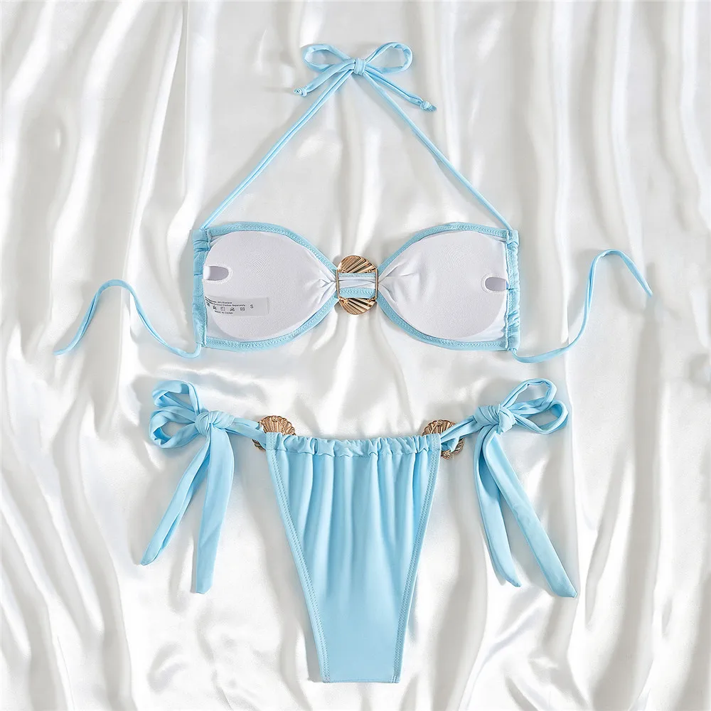 Light Blue String Halter Micro Bikini Thong 2025 Sexy Swimsuit Women Metal Shell Swimwear Bathing Suit Mini Bandeau Bikinis Sets