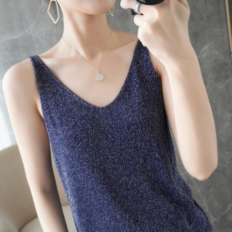 Summer New Bright Thread Strap Vest Women V-neck Overhead Loose Sleeveless Simple Beautiful Back Matching Inner Wear Outer Wear