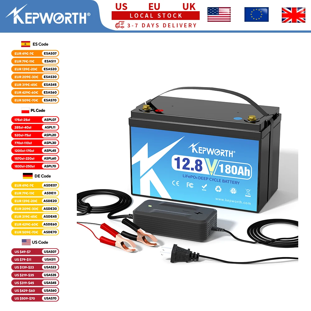 KEPWORTH 12V 180Ah LiFePO4-Akku, Klasse A-Zellen, über 6000 Zyklen, für Wohnmobil-Solar-Boots-Trolling-Motor, wiederaufladbar mit tiefem Zyklus