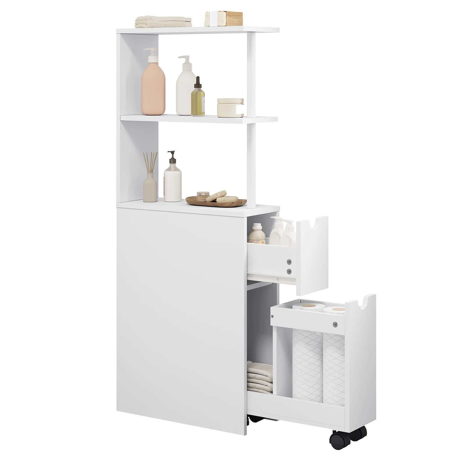 White Bathroom Niche Cabinet with Drawer Wheels Narrow Side Cabinet Multi-Purpose Tall Freestanding Storage Cabinet for Kitchen