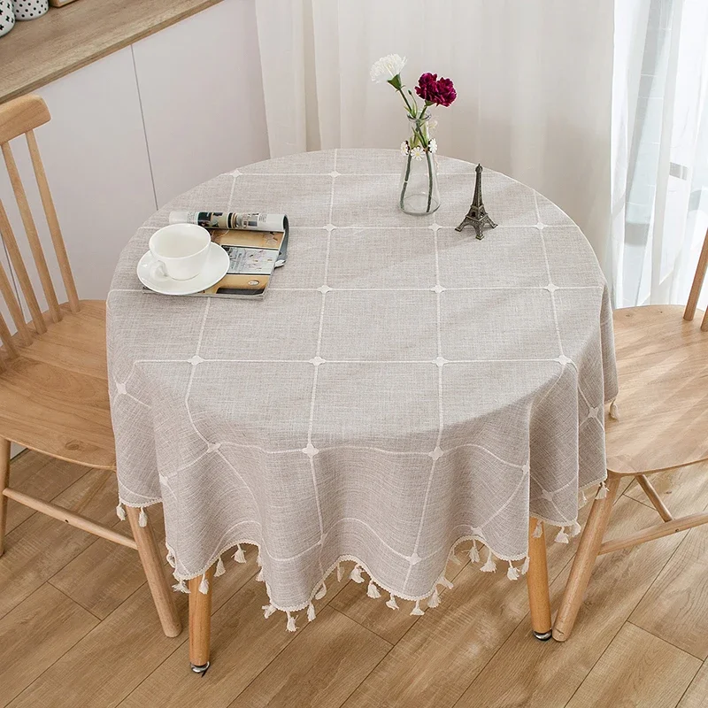 Round Tassel Plaid Tablecloths Heavy Weight Cotton Linen Fabric Dust-Proof Table Cover Kitchen Dining Party Tabletop Decorations
