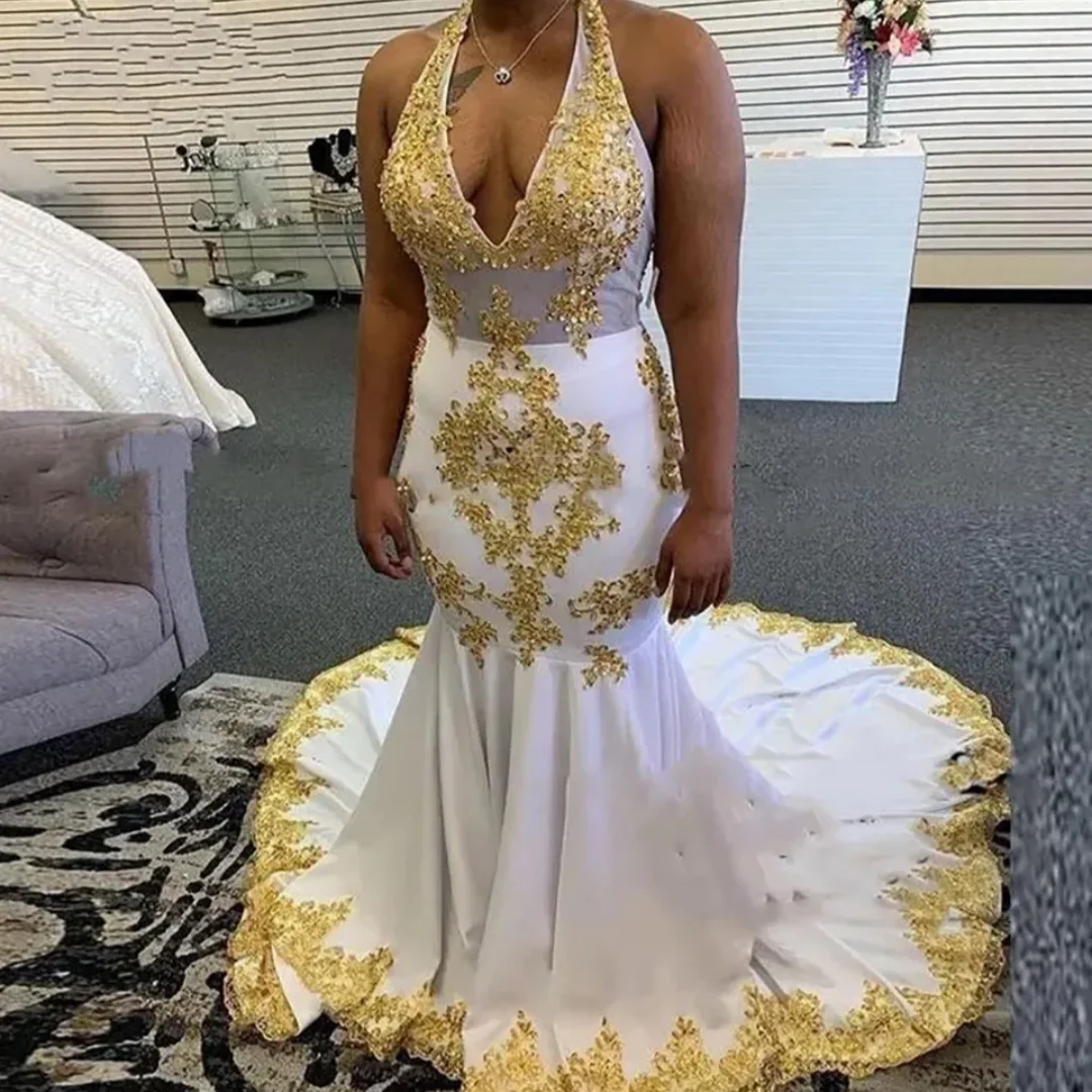 Sleeveless Backless Mermaid Elastic Satin Halter Gold Applique Beaded Sequins Evening Dresses White Prom Gown Party New Custom