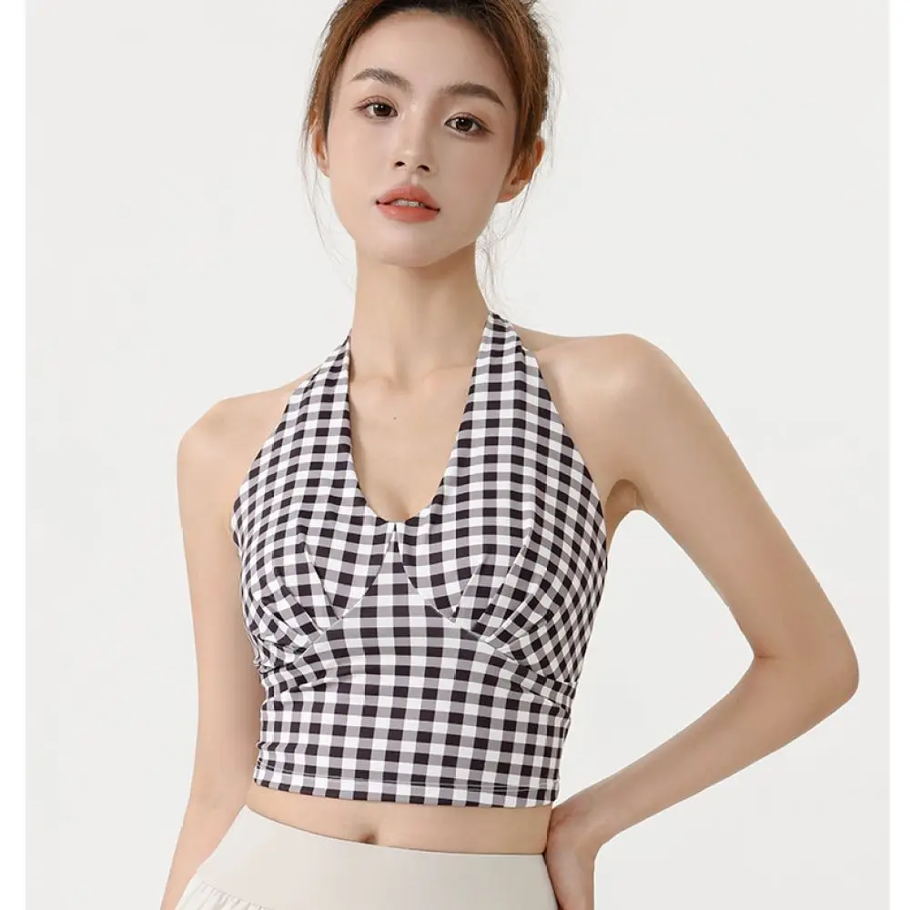 Slim Fit V Neck Plaid Halter Yoga Top Womens Quick Dry Sports Bra Cropped Gym Fitness Camisole Comfortable Workout Vest