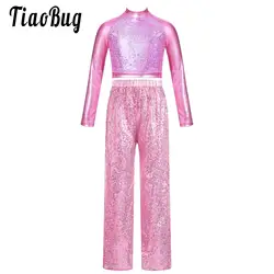 Kids Girls Sparkly Sequins Dance Stage Costume 2Pcs Long Sleeve Crop Top and Wide-Leg Pants Street Modern Dance Cheerleader Set