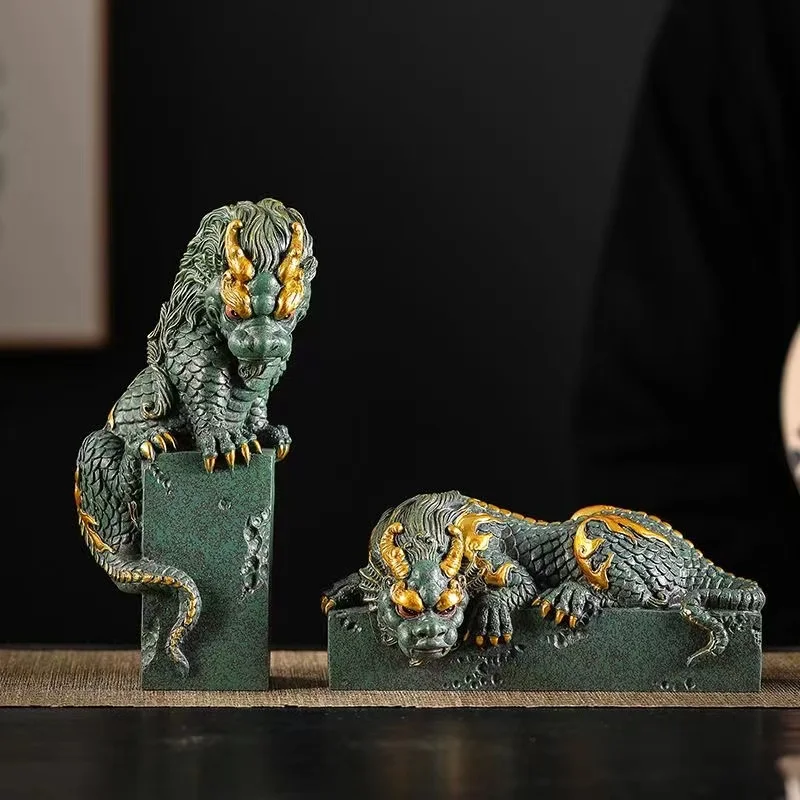 

China Mascot Pan Dragon Pillar Decorative Statue Green sand stone sculpture Home Living Room, Room Office Feng Shui Statue