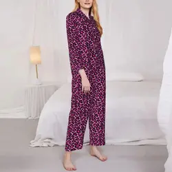 Pink Leopard Pajamas Female Animal Fur Print Warm Night Sleepwear Autumn 2 Pieces Loose Oversized Custom Pajamas Set