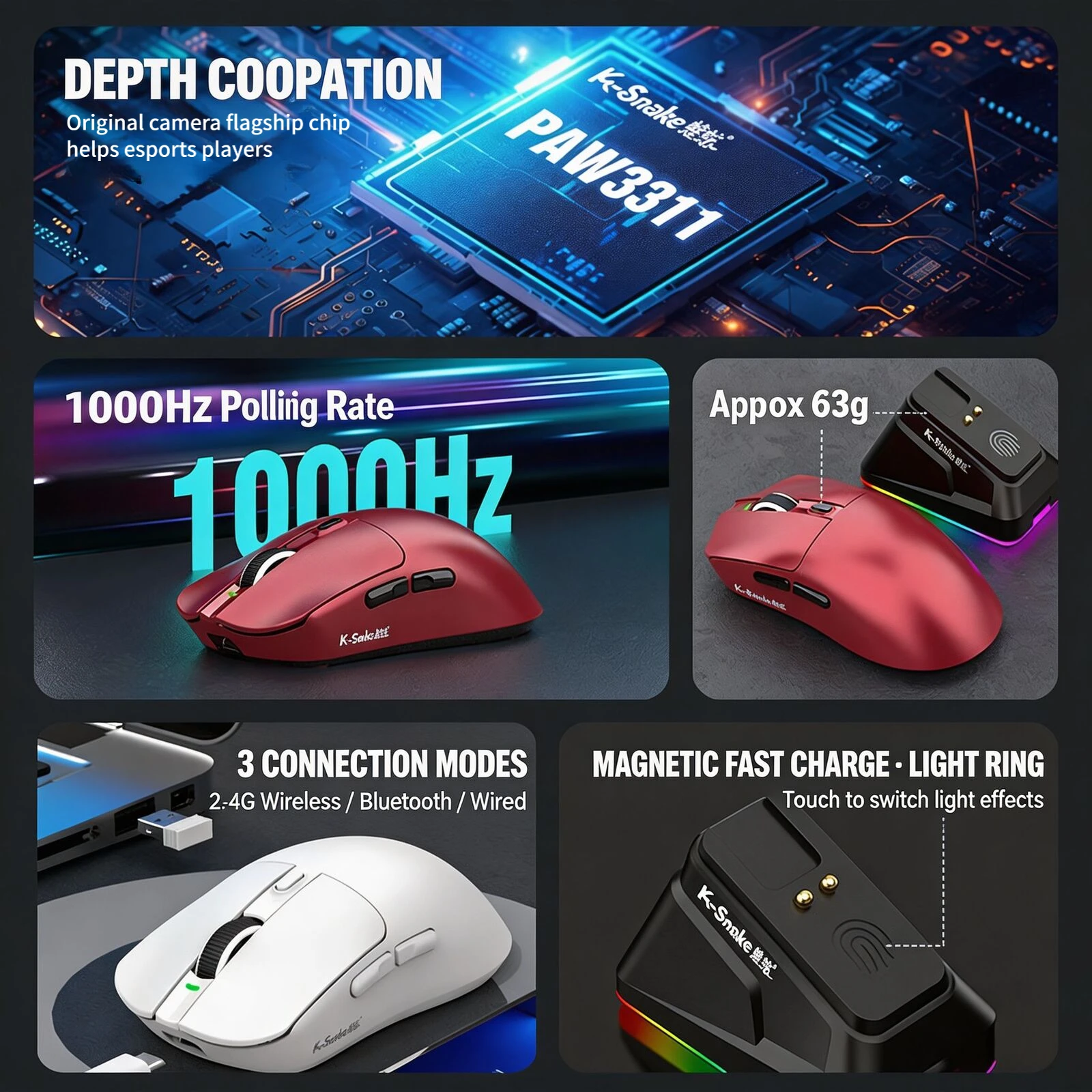 Tri Mode Lightweight Mouse With Magnetic Charging Dock 6-Speed Adjustable DPI RGB Light Macro Programmable Mice For Gamer Office