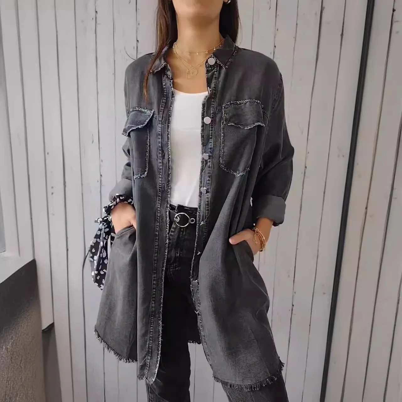 Women Denim Coat Turn Down Collar Slim Mid Blue Jeans Length Shirt Coats Elegant Splice Single Breasted Long Sleeve Jackets 2024