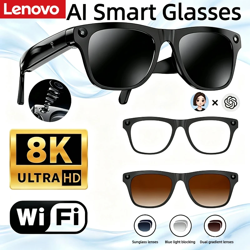 Lenovo New Upgrade 1600W 8K Camera Smart Glasses Photos&Videos 120+Languages Translation Bluetooth AI Glasses Men Women