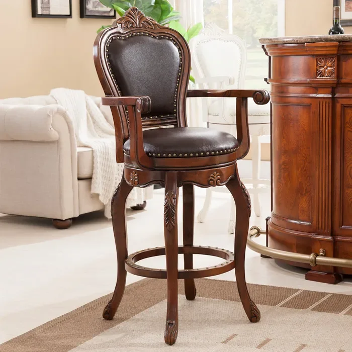 American-Style Solid Wood Armchair Bar High Chair Swivel Chair Genuine Leather Armchair