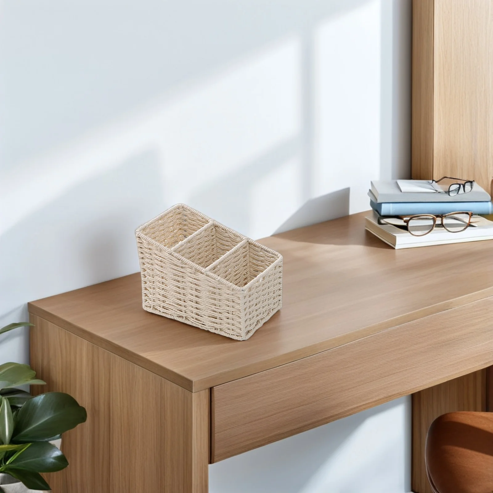 سلة تخزين مكتبية شبه منحرفة بثلاثة شبكات، صندوق تخزين منسوج يدويًا، منظم ثابت للمكتب المنزلي