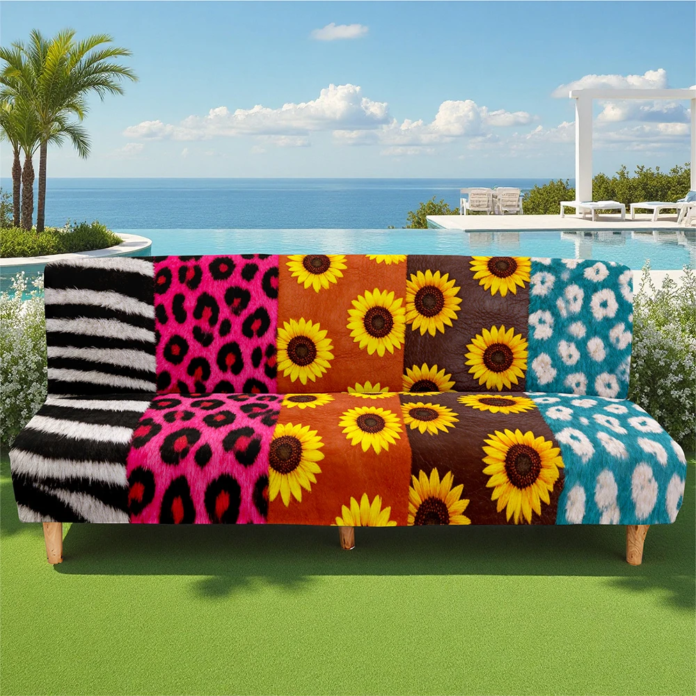 Summer Outdoor Sofa Bed Cover, Bohemian Sunflower Leopard Zebra Patchwork Printed Elastic Slipcover, Milk Silk