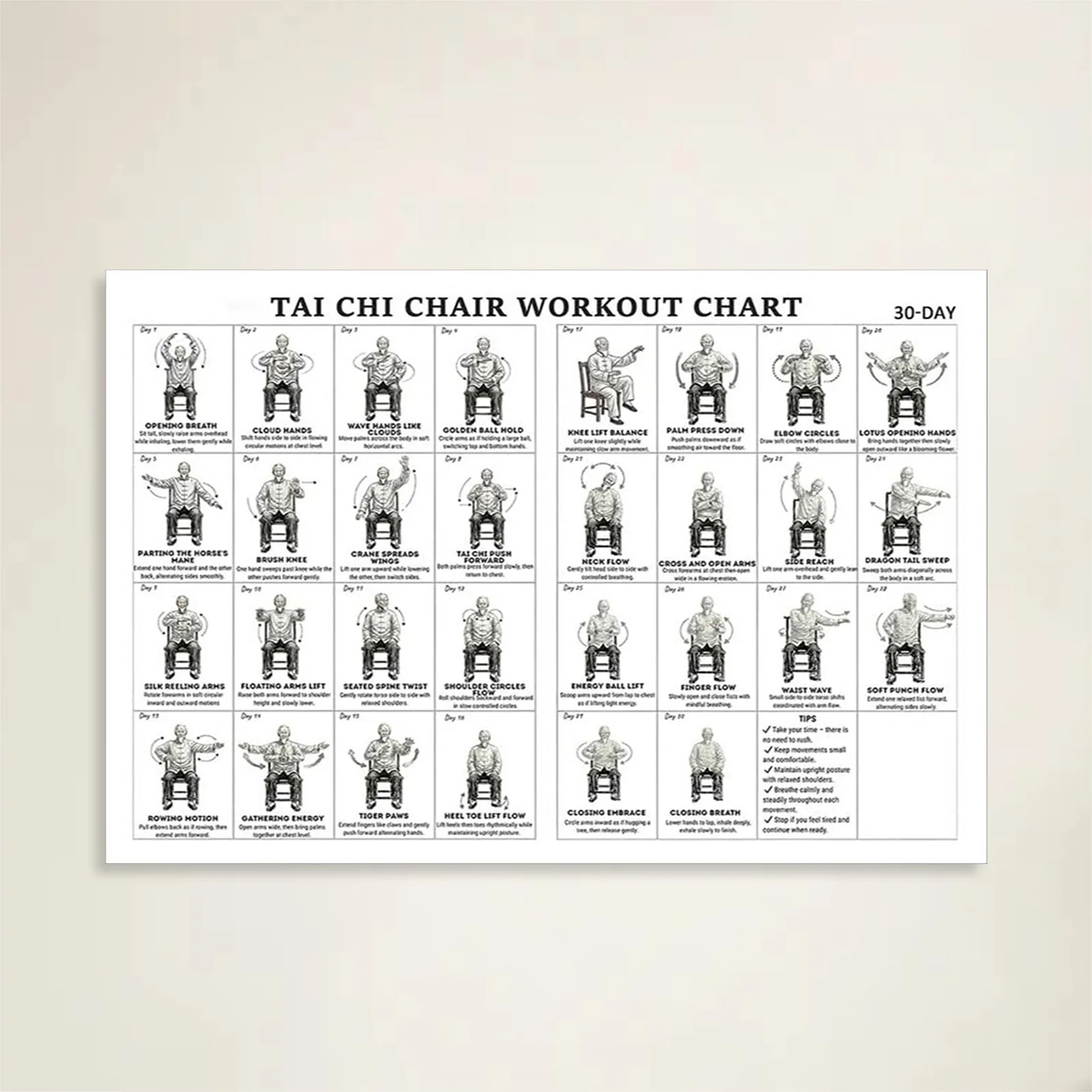 

11.81 X 17.72 Inch Canvas Tai Chi Chair Workout Chart Poster Hanging Tai Chi Printing Easy Display for Living Room Bedroom Home