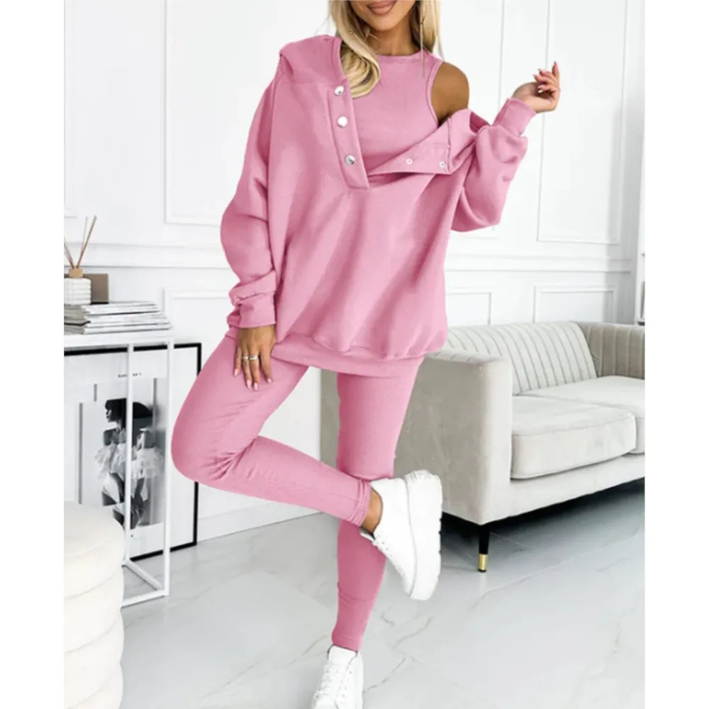 

Soft Warm Womens Three Piece Sets Hooded Pullover Vest Pants Outfit Long Sleeve Pocket Thick Sweatsuit Suits