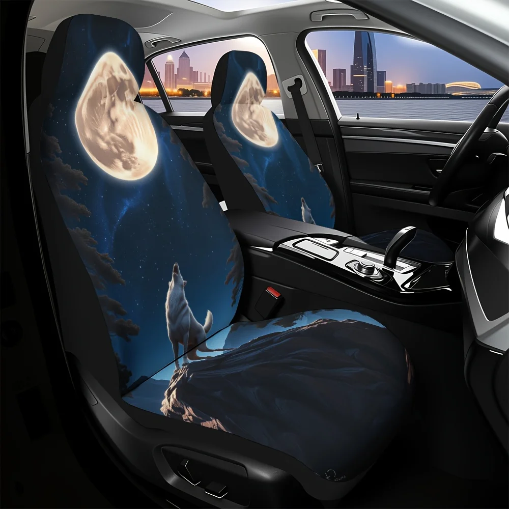 2pcs, Decorative Howling Wolf Full Moon Night Pattern Universal Car Seat Covers, Washable And Foldable, Adds Attractive Visual A