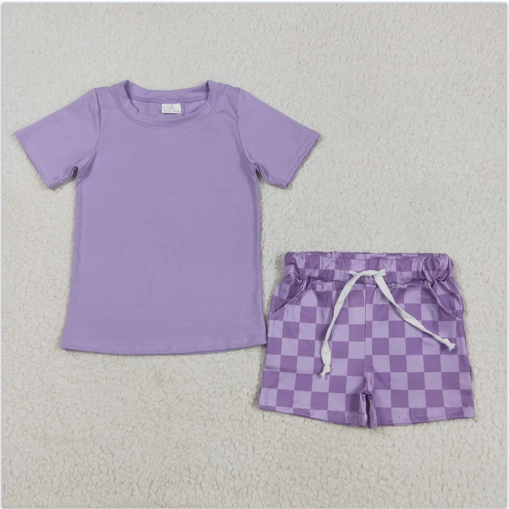 

Hot Sale Toddler Kids Designer Clothes Boys Shorts Sets Baby Boys Clothes Purple Plaid Cotton Top Shorts Baby Boys Clothes