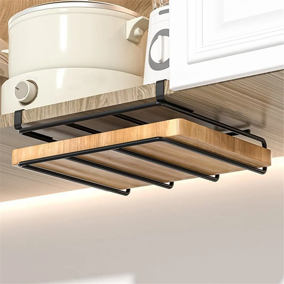 Under Cabinet Chopping Board Holder - Space-Saving Kitchen Organizer with Hooks for Utensils, Tools, and Pantry Items