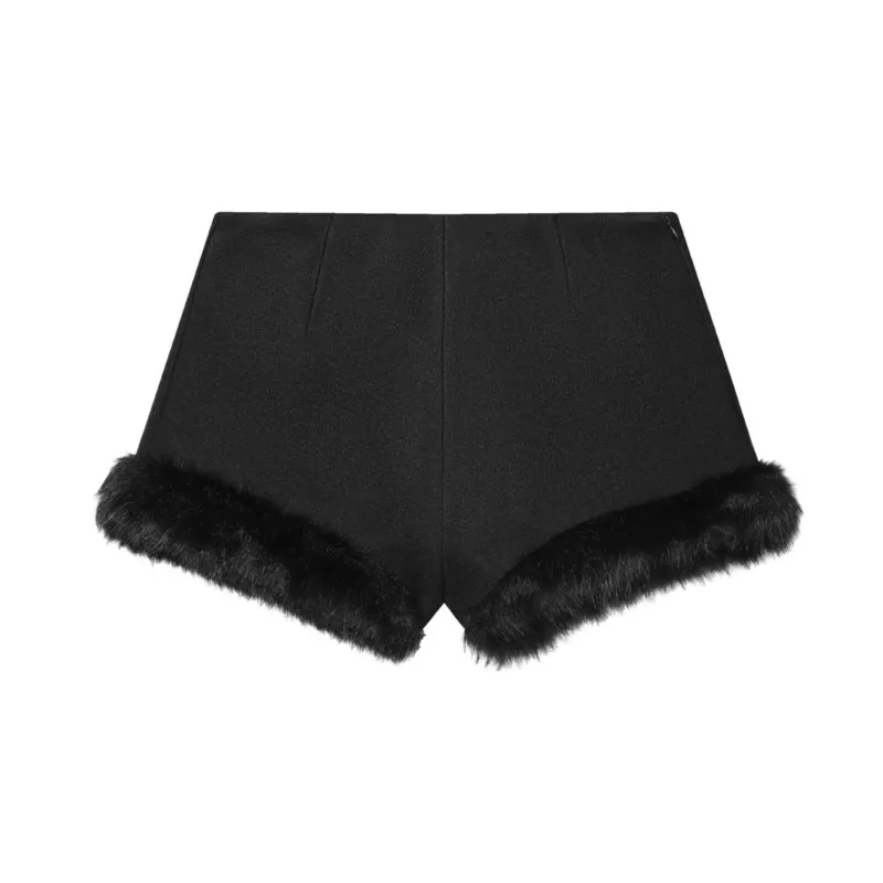 NERHEFZ Damen-Shorts aus Wollmischung mit synthetischem Pelzeffekt, Herbst-Winter-Mode, hohe Taille, schlanke weibliche kurze Hosen