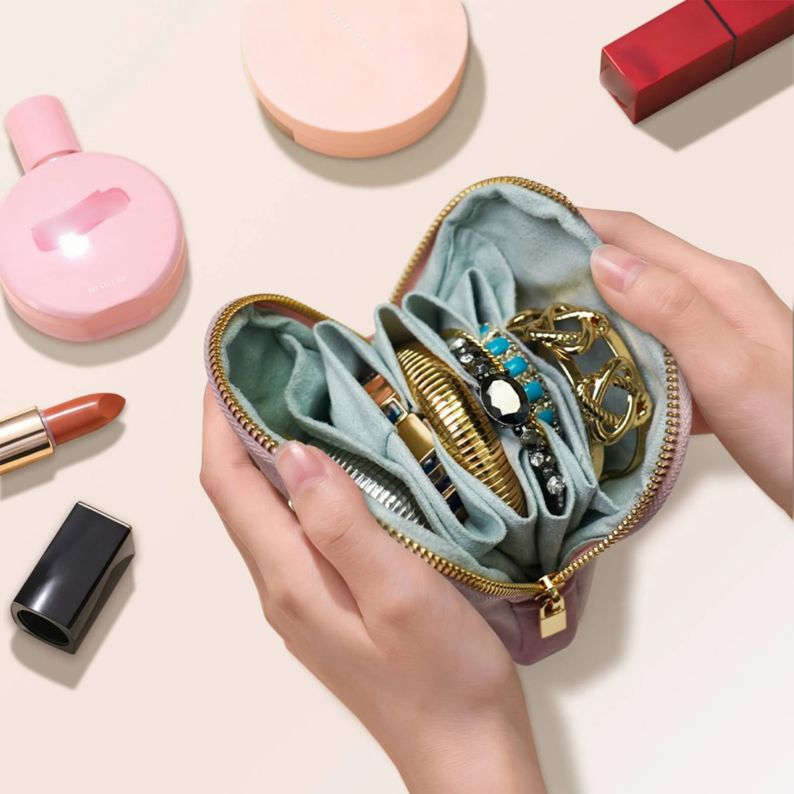 Travel Jewelry Case with Pockets Portable Jewelry Case with Zipper Pouches Zippered Soft for Travelers, Handbag