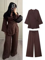 HH Women Spring Suits Fashion Long Sleeves V-Neck Cardigan Blazer Top + Elastic Waist Lace Up Wild Split Wide Leg Pant Mujer