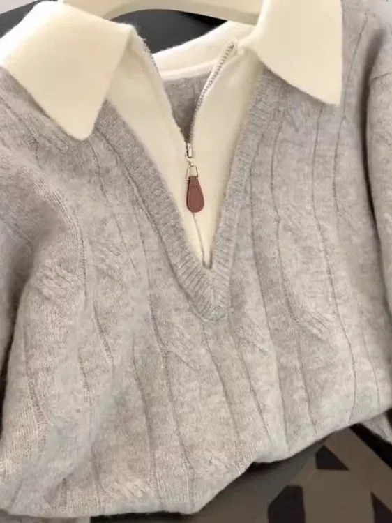 ay محبوك سترة مع f سستة المرأة Faion عادية فضفاضة تناسب الدافئة ملابس خارجية مباراة داخلية الخريف الشتاء الملابس #5