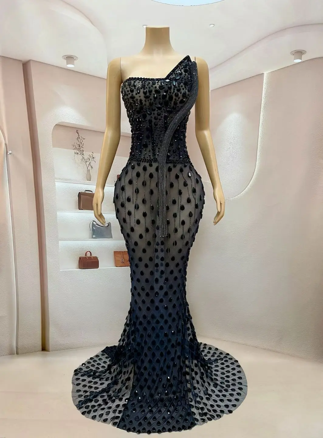 Heishe Luxury Evening Dress Sexy Black Perspective Mesh Full Diamond Long Dress homecoming Party Adult Ceremony Prom Dress