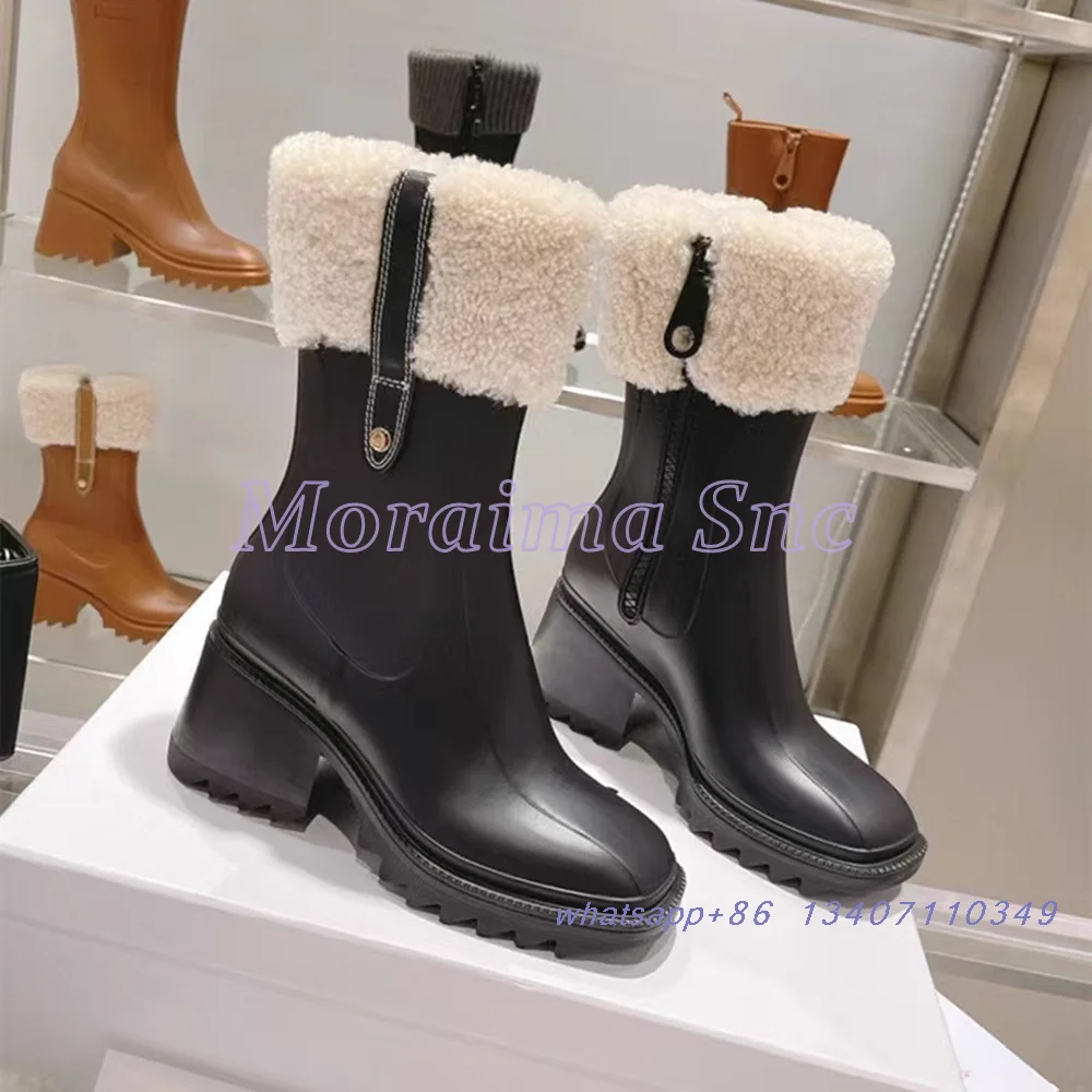 Square Toe Fur Stitching Rain Boots Block Chunky Heel Side Zipper Brown Leather Retro Fashion Damskie botki 2024 Winter