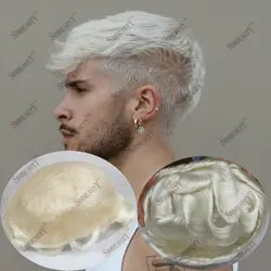#60RY White Men's Capillary Prosthesis Natural Hairline Men Toupee Human Hair 0.04-0.05mm Super Thin Skin Replacement System