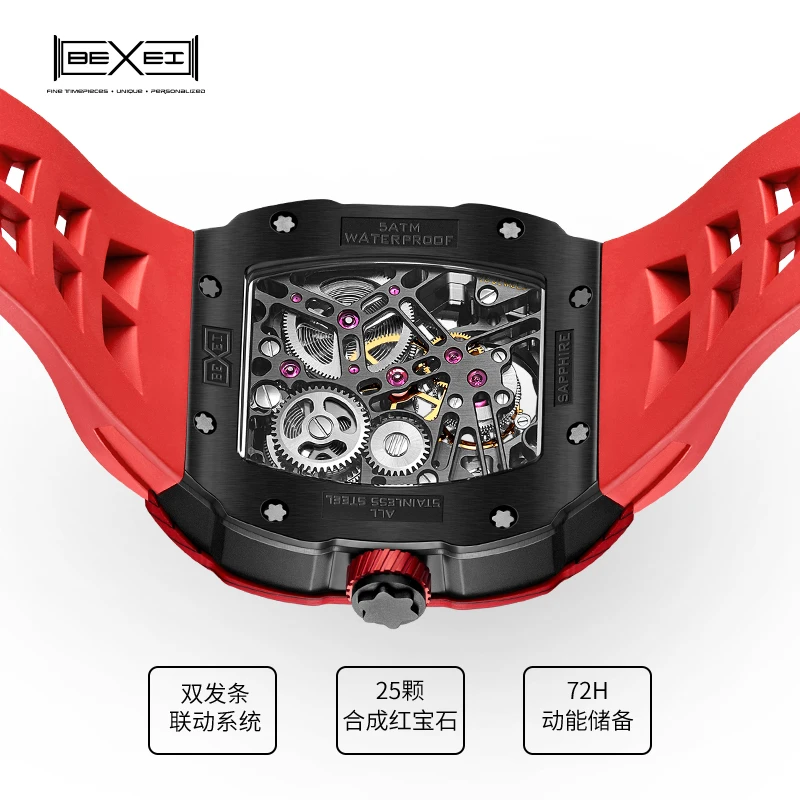 BEXEI ألياف الكربون توربيون حركة رجل ساعة دليل تحلق توربيون الميكانيكية الفاخرة الهيكل العظمي ساعات رجالية 9089 #4