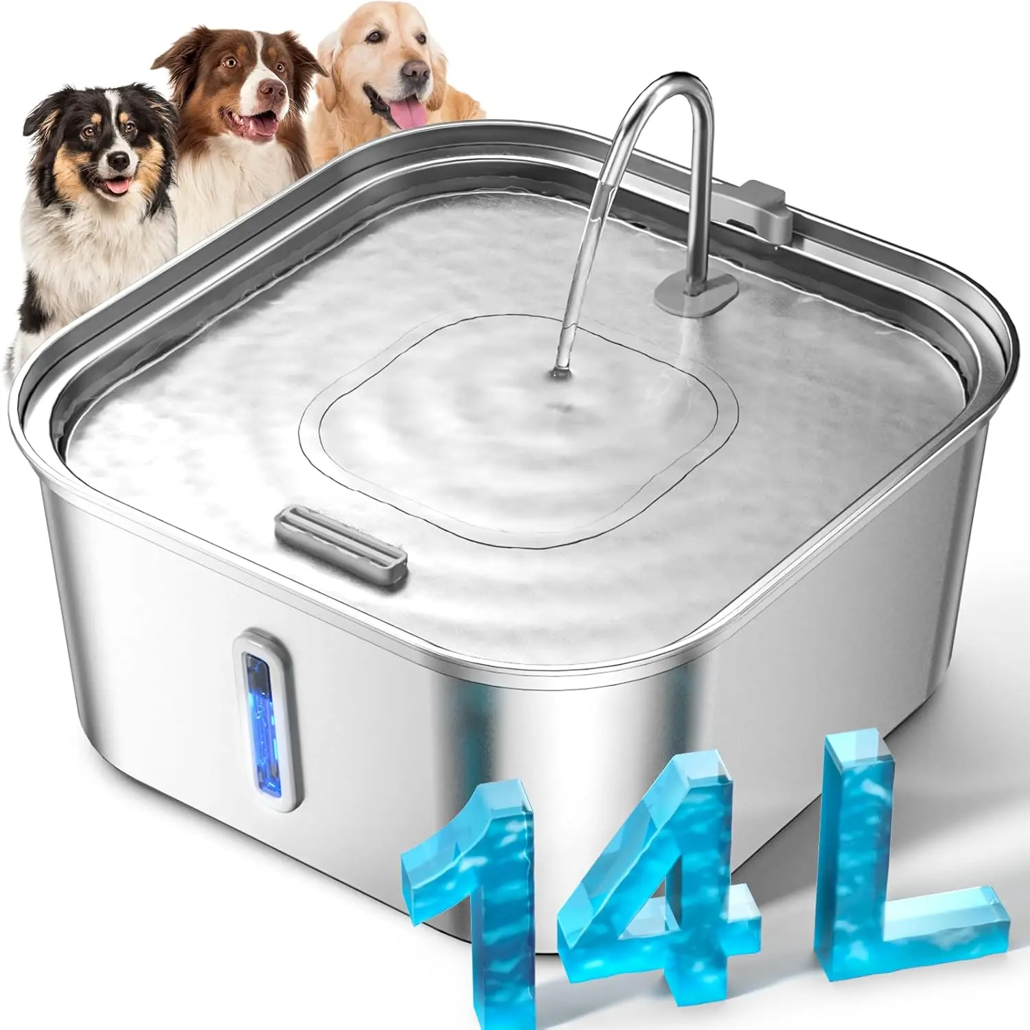 

14L Stainless Steel Pet Fountain for Large Dogs, Multi-Pet Families with Visible Window & Wide Drinking Area