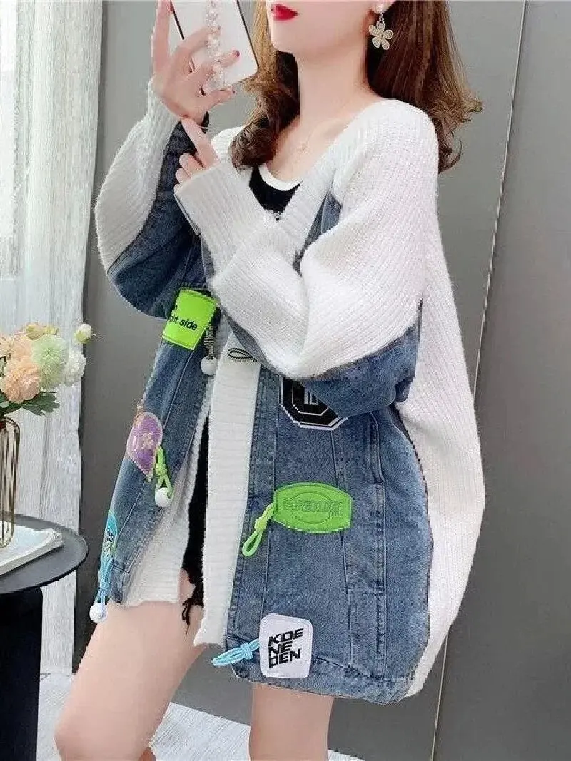 2024 Spring denim patch women\'s sweater cardigan new loose knit cardigan women\'s jacket large sweater jacket