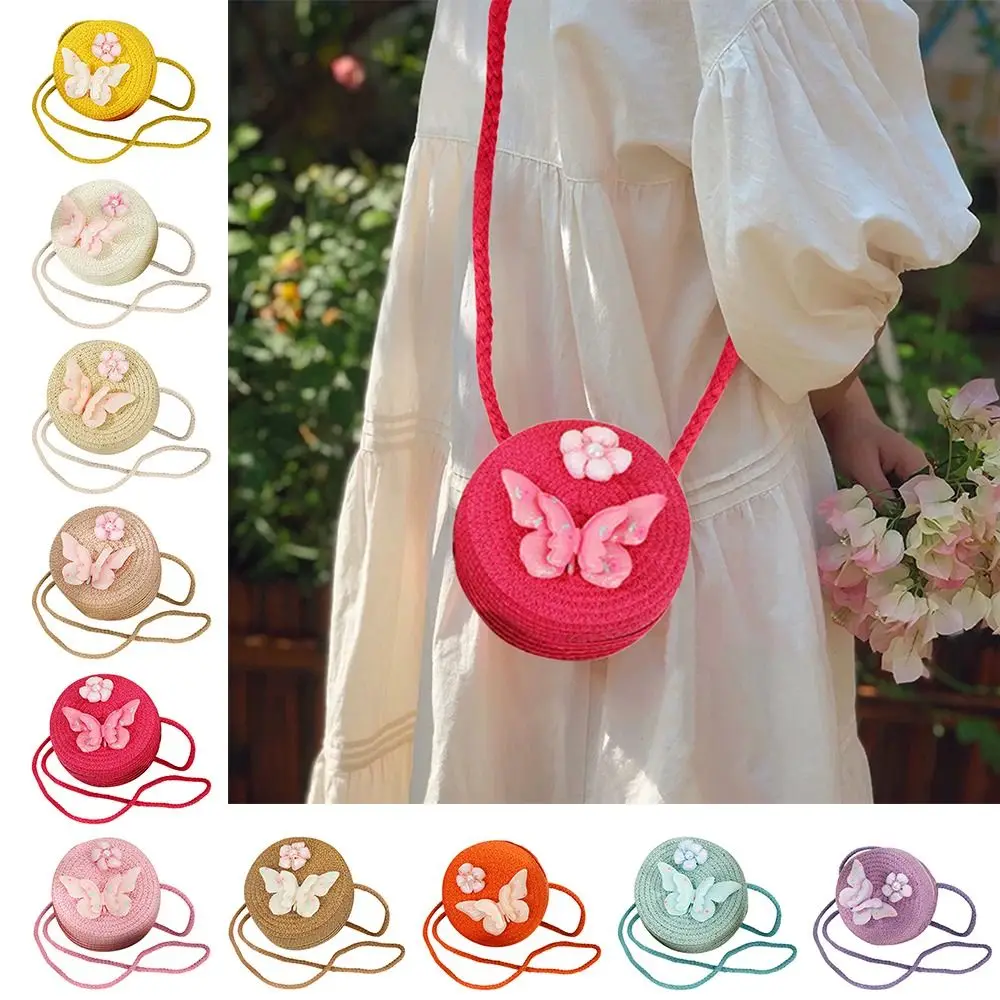 Cute Handmade Straw Bag Flower Woven Crossbody Bag Round Shape Shoulder Bag for Girls