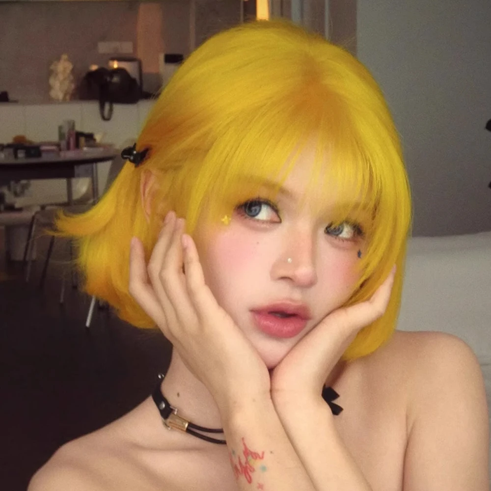 

Yellow Blonde Bob Synthetic Short Straight Women Wigs with Bangs Fluffy Heat Resistant Wig for Daily Party Lolita Cosplay