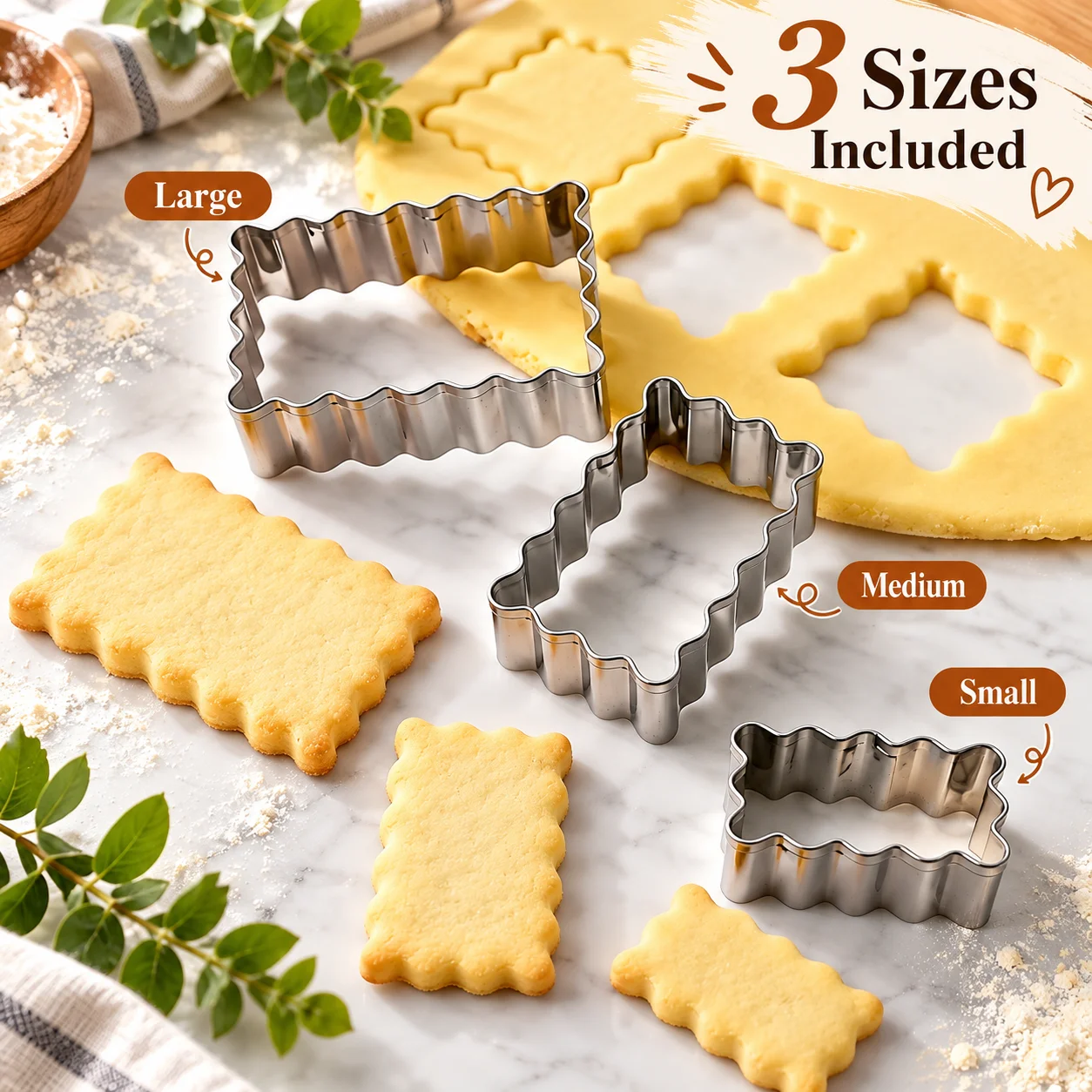 3-teiliges Set aus Wellenförmigen Rechteckigen Ausstechformen aus Edelstahl, Antihaftbeschichtet, Langlebige Backformen für Fondant, Gebäck, Kuchen, Kekse, Heimbacken