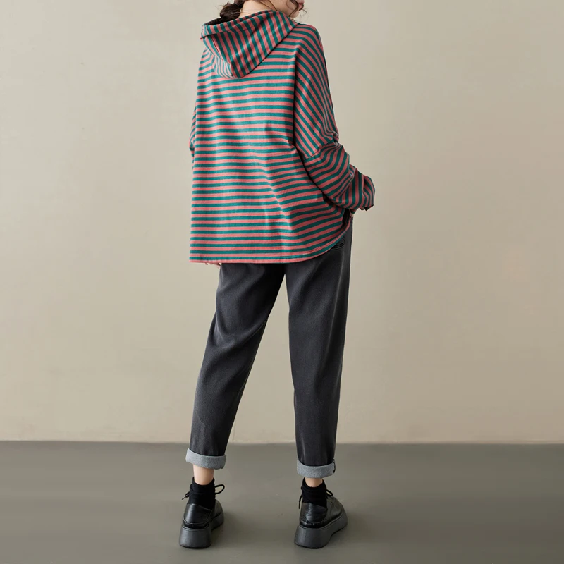 봄 가을 루즈 캐주얼 드로스트링 안티에이징 순면 후드티 여성 티셔츠 예술적 컬러풀 스트라이프 스웨트셔츠