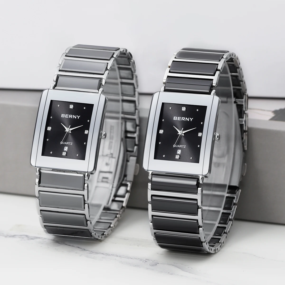BERNY Keramikuhren für Herren, Kalender, lässige rechteckige Quarzuhr, luxuriöse Diamant-Armbanduhr im Vintage-Stil – Detail 9