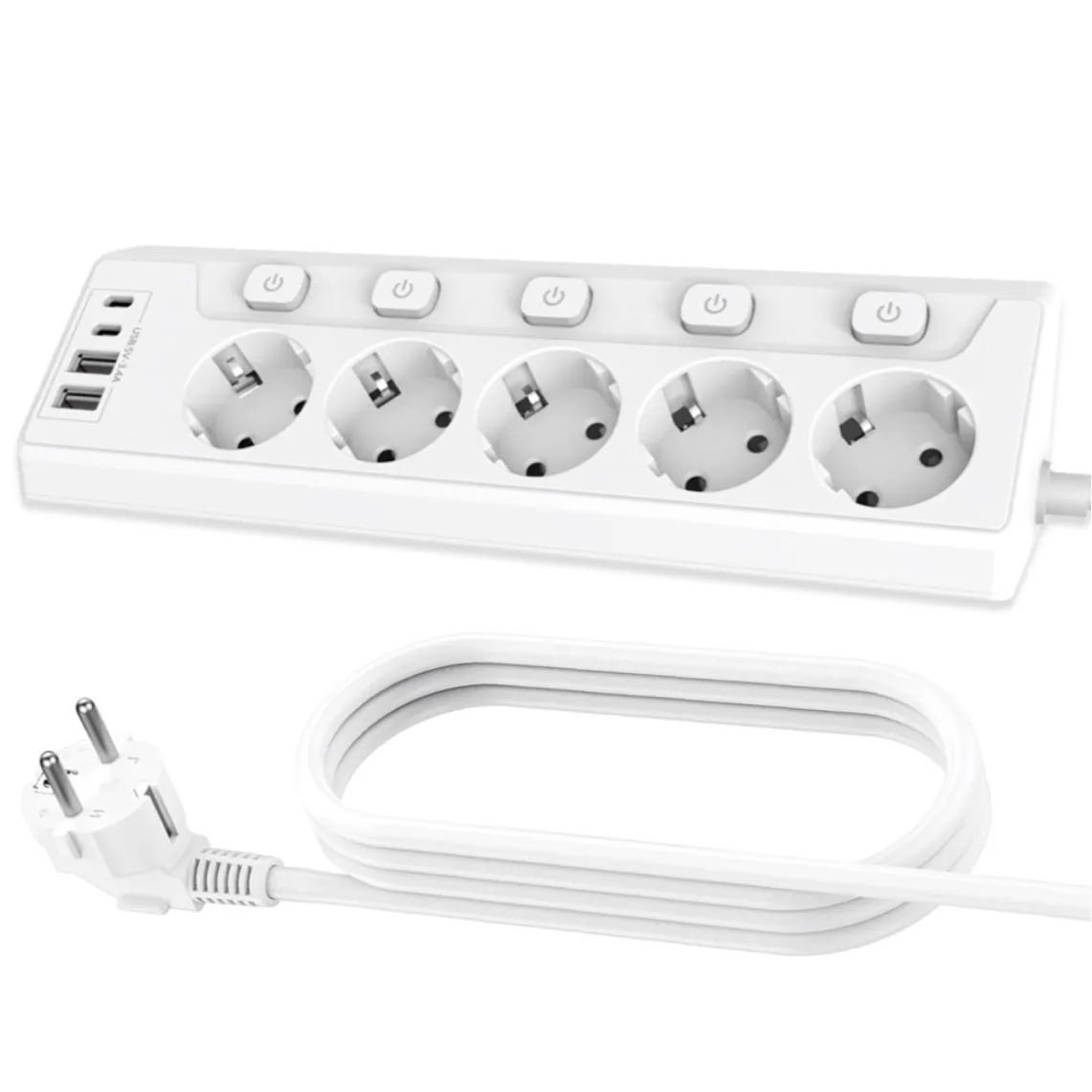 European Standard USB Socket Independent Switch Household Socket Plug Board Cable 5 Holes High Power European Angle Plug