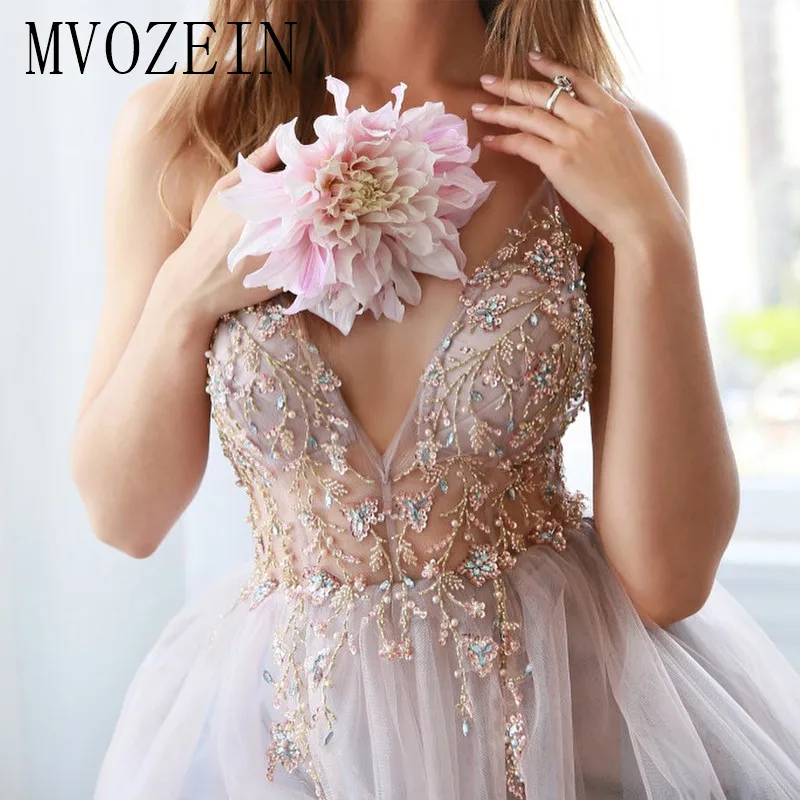 Charming Evening Dresses Long A-Line V-Neck Spaghetti Strap Hand-Beading Evening Dress Formal Party Gowns robe de soiree