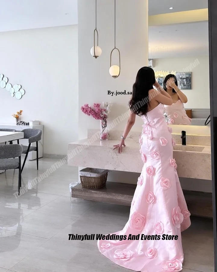 Thinyfull 3D Flower Mermaid Arabia Prom Dresses Sweetheart Sleeveless Satin Evening Gown Outfit Dubai Special Occasion Dress 
