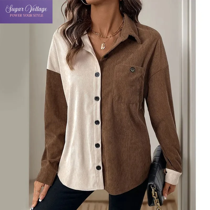 

Colorblock Patchwork Shirt Jacket Women Autumn Spring Lapel Long Sleeve Loose Thin Coat Blouse Female Casual Elegant Office Tops