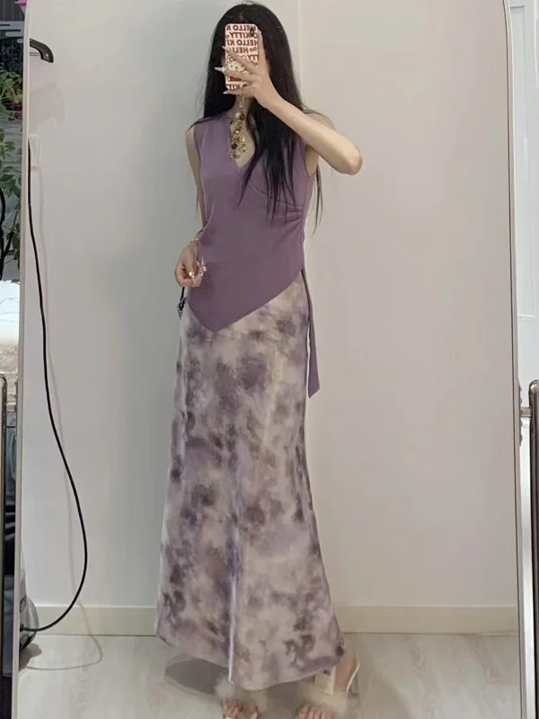 

Fashionable Asymmetrical One-Piece Belted Top And Half-Length Skirt Women's Summer New Arrival Stylish Set V-Neck Sleeveless