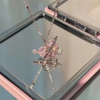 Elegant Pink Sweet Crystal Heart Pendant Necklace for Women Girl Y2K Zircon Bow Knot Romantic Choker Aesthetic Jewelry Gift