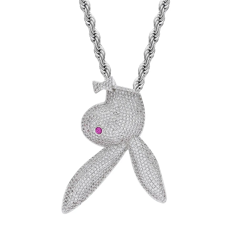 Luxury New Hip Hop Unisex Pendant Jewelry Iced Out Bling Lab Diamond CZ Cartoon Bunny Pendant Necklace