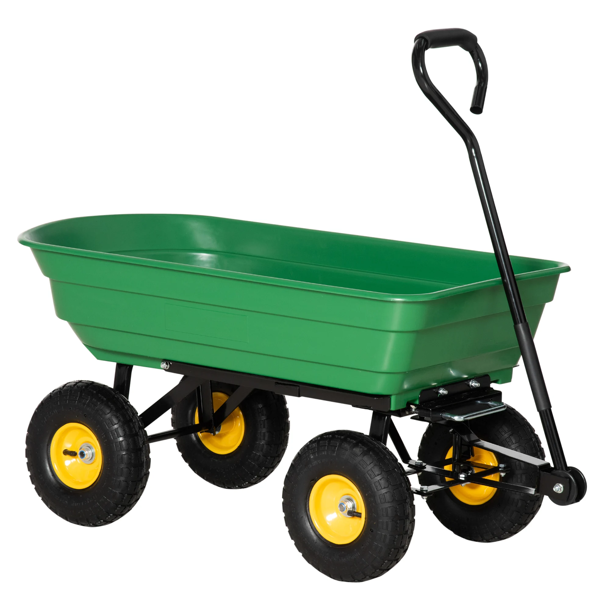 Outsunny garden cart with body tilt up to 75 ° adjustable handle carrying trolley with 4 tires capacity Max.75 L Steel 109x52x94 cm dark green