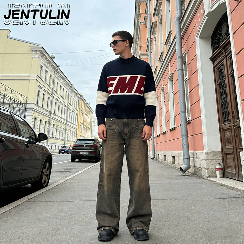 

Vintage Harajuku Patchwork Simple Letter Knit Sweater For Men Y2K Streetwear Unisex aesthetic Embroidery Warm Sweater Women Top