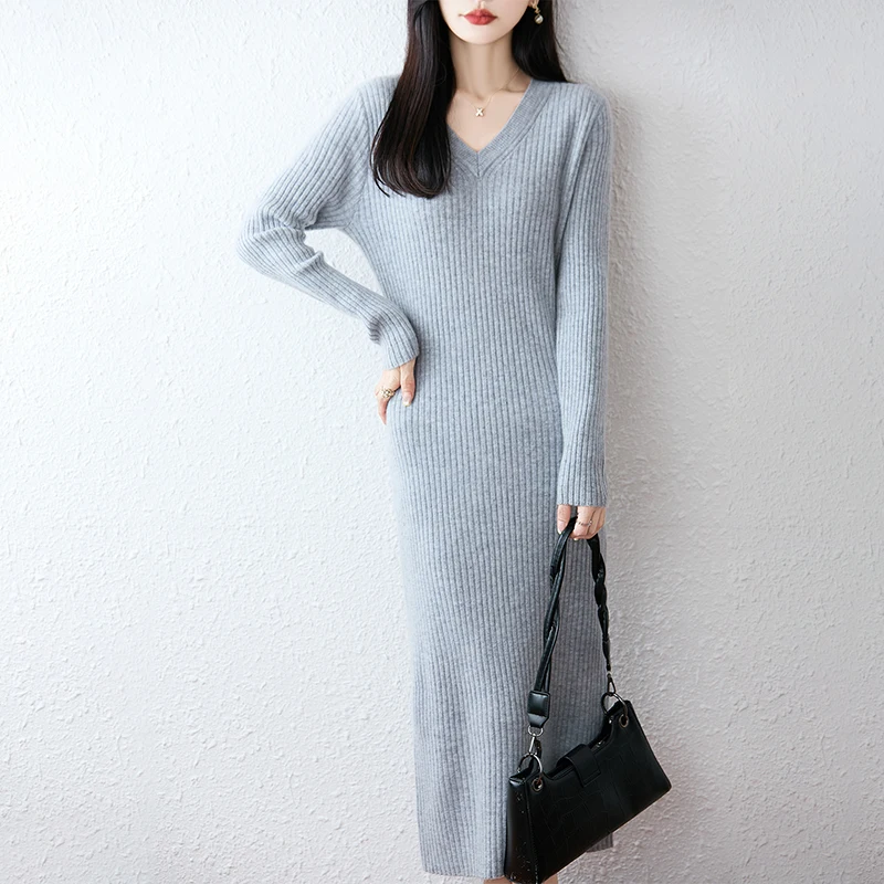 New New Women's Dress in Autumn and Winter 100% Cashmere Knitted V-Neck Long Skirt Solid Color Slim Fashion Best-Selling Skirt - Aliexpress Deal